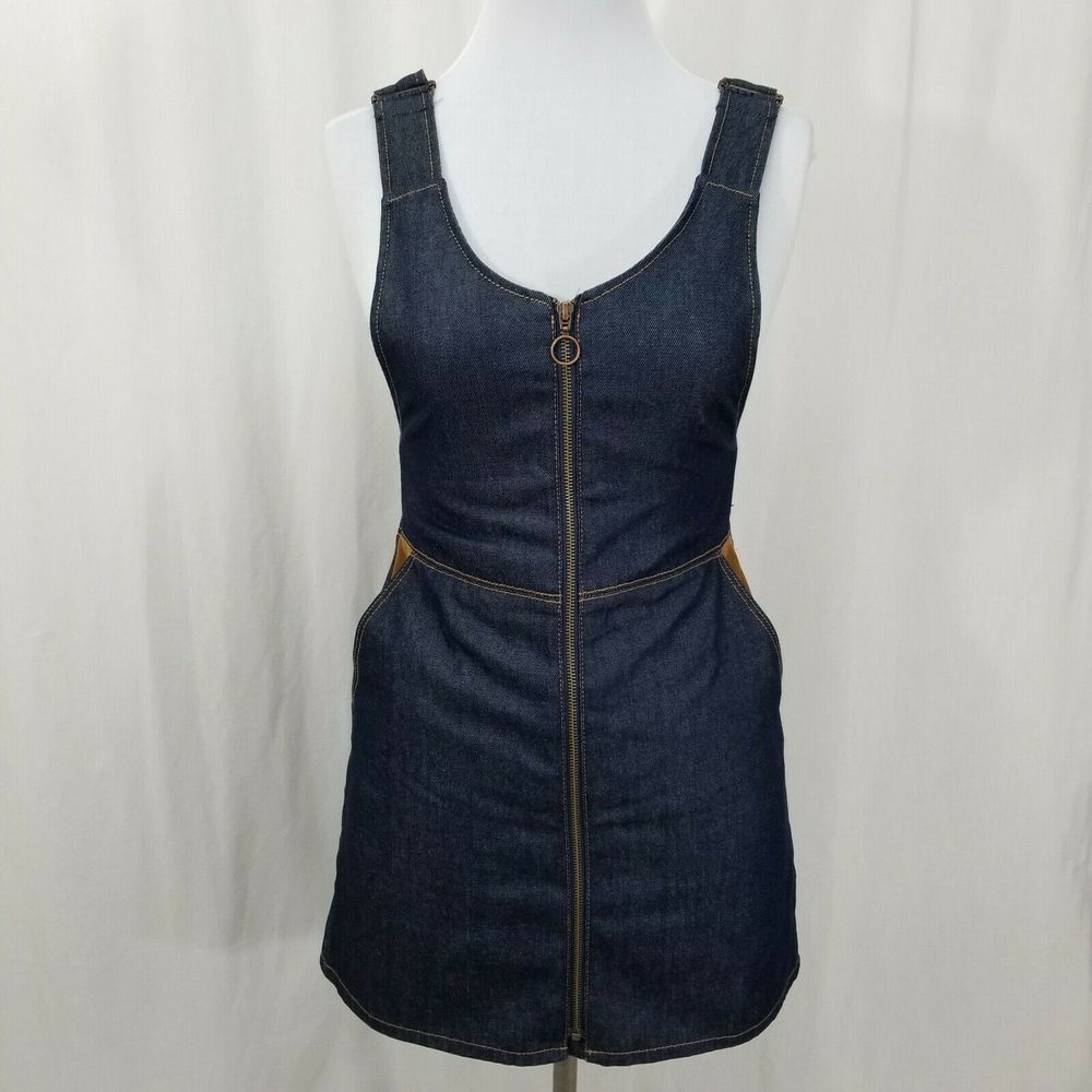 Zara Basic Z1975 Dark Wash Denim Mini Dress with Front Zip and Open Back Detail